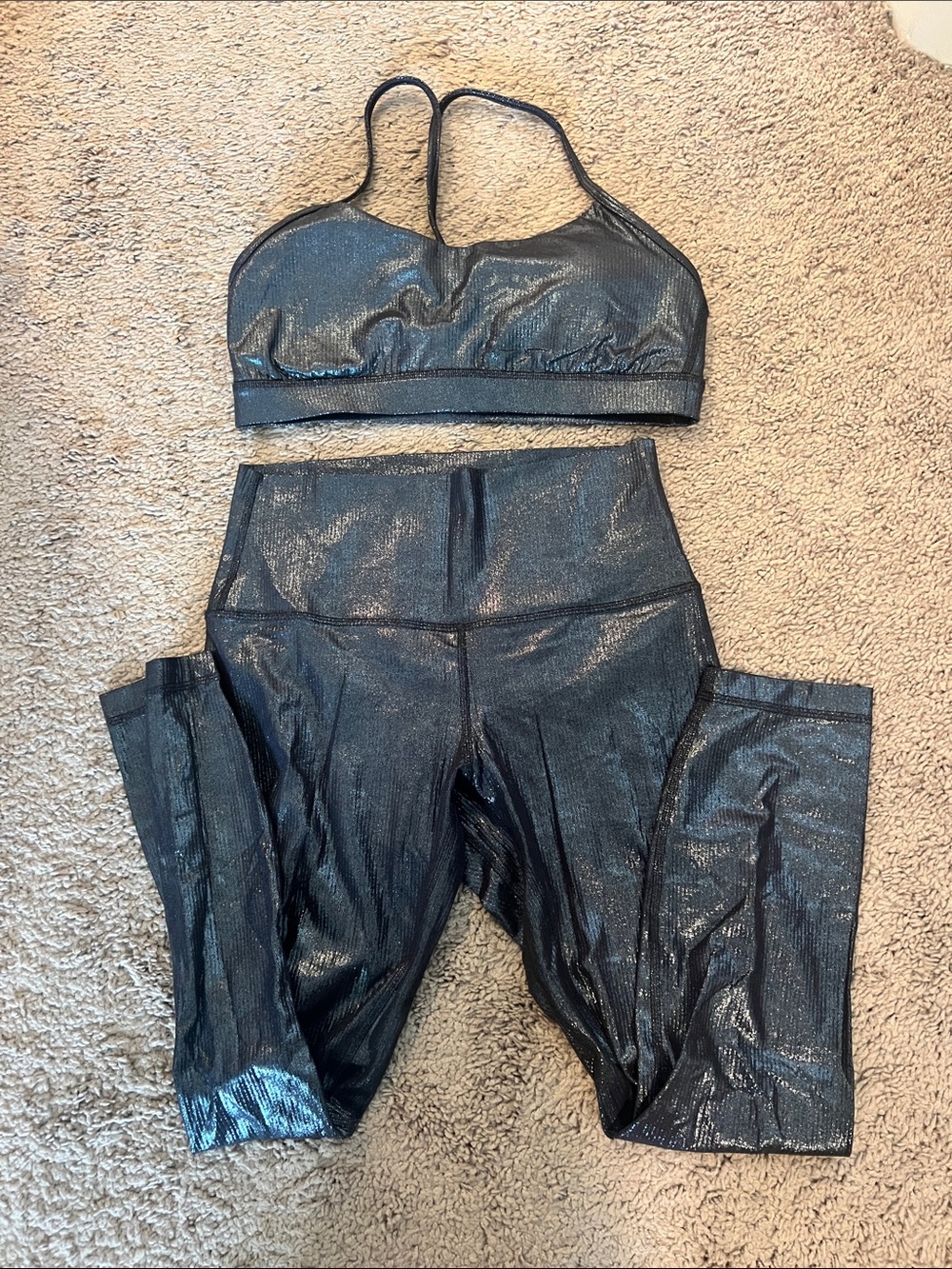 Lululemon Shimmery Navy Align 25 Leggings (size 8) and Flow Y Bra (Size 10)